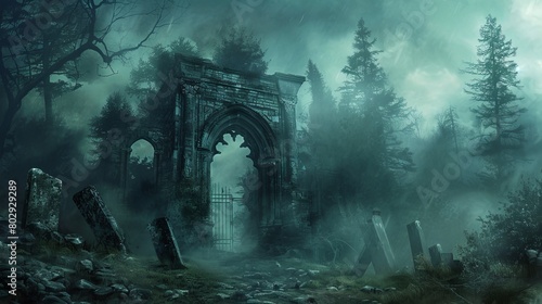 The eerie gates of hell  flanked by dungeon stones and overlooked by the foreboding silhouettes of forest trees  enveloped in darkness and mist