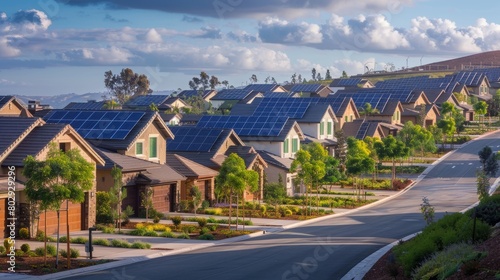 Row of Houses with Solar Panels in Eco-Friendly Neighborhood photo