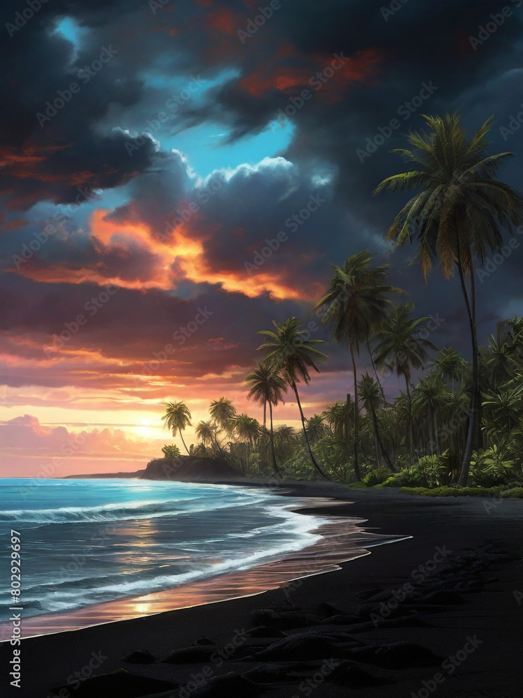 generative ai, Glowing sea with bright clouds shining on a black sand beach with palm trees