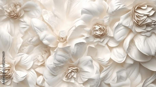 Flowers ivory background. Milk-white large petals flowers. Floral collage. Flower composition.