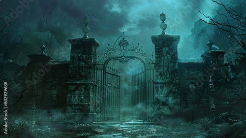 Sturdy, foreboding gates standing at the entrance to a dungeon in a hellish setting, designed to evoke the thrill of discovery in fantasy literature