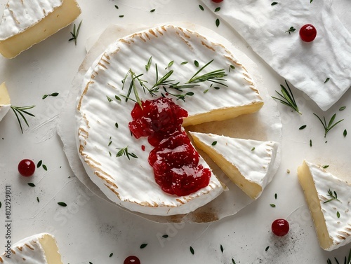 Camembert with cranberry jam on a white textured background