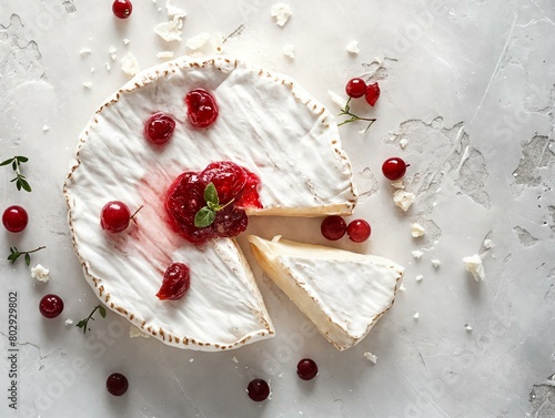 Camembert with cranberry jam on a white textured background