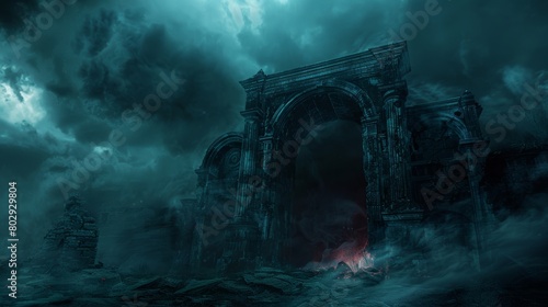 Sinister entrance to hell, ancient gates standing amidst swirling dark mists, symbolizing the threshold to a realm of eternal suffering and darkness