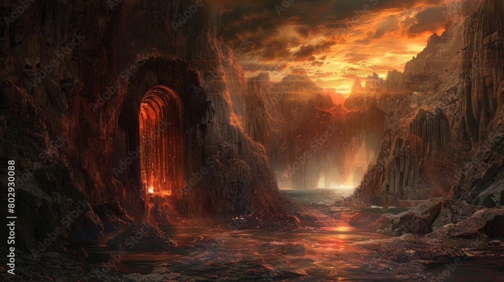 Mythical gates of hell located in a secluded cave, surrounded by steep cliffs and echoing the tales of ancient and inaccessible realms
