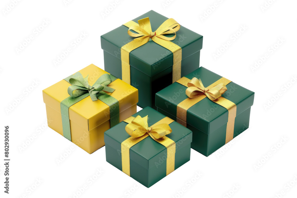 set of green gift box with yellow ribbon isolated on transparent background set of green gift box with yellow ribbon isolated on transparent background