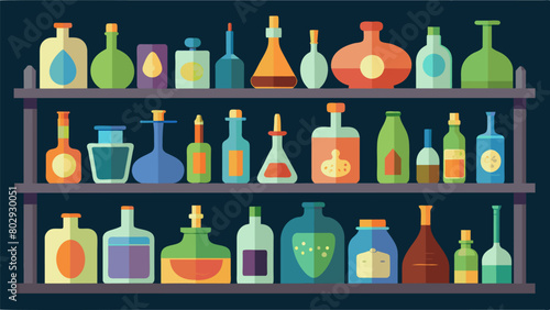 Shelves upon shelves of antique glass bottles catch your eye each one handblown and with a different shape color and label.. Vector illustration