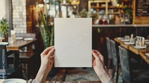 Hand holding a blank paper poster design for a restaurant menu, providing space for displaying menu items or designs.