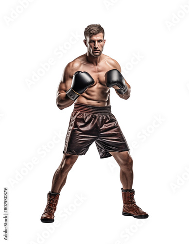 Boxer with gloves raised, poised, and ready for combat, against a transparent background. Generative AI
