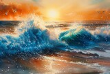 Sunset Serenade Dynamic Ocean Waves and Silhouetted Seagulls in Acrylic Splendor