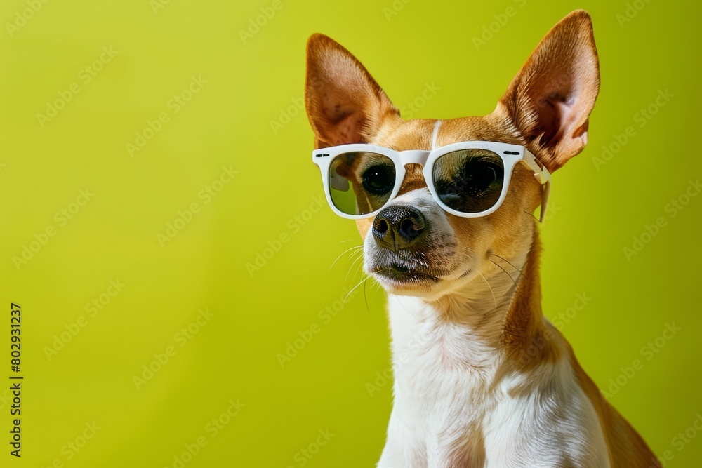 basenji purebred dog  white and brown wearing sunglasses on minimal lime green background. Veterinary clinic, optics eyewear salon, pet shop, creative business ad.