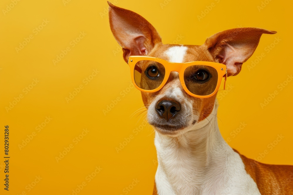 basenji purebred dog  white and brown wearing sunglasses on minimal mustard yellow background. Veterinary clinic, optics eyewear salon, pet shop, creative business ad.