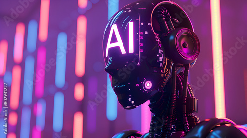 The New Era of AI: Robot Head with Futuristic Holographic Display, Purple Background