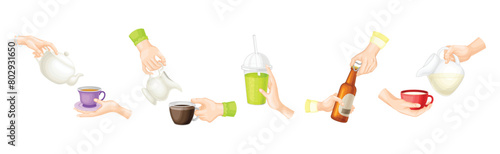 Hand Holding Drink and Different Beverage Vector Set