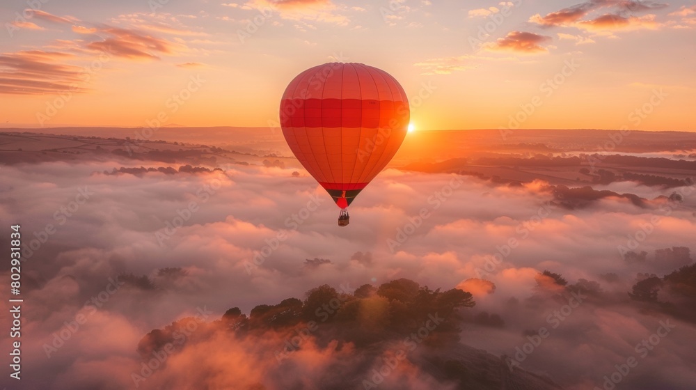 Serene hot air balloon floats above clouds under a golden sunrise Serene hot air balloon floats above clouds under a golden sunrise