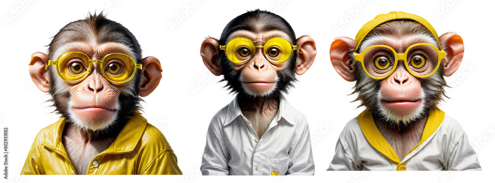 Fototapeta premium Stylish fashionate monkey wear yellow glasses on transparent background