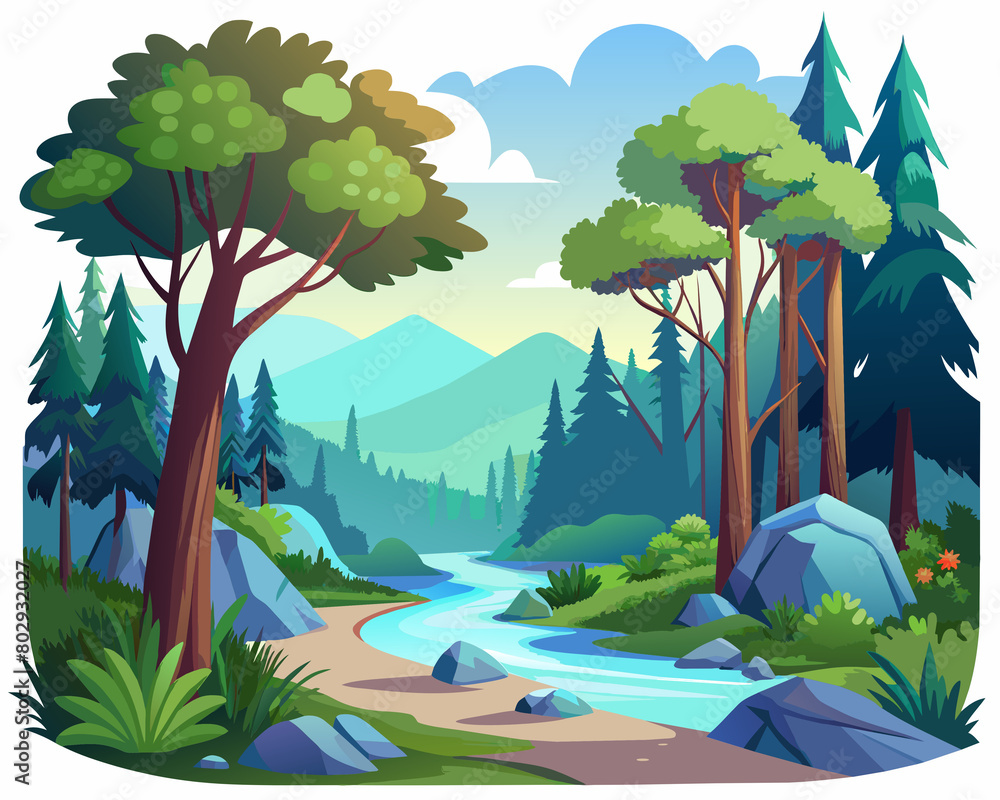 River flowing through forest with mountain backdrop in a green plant ...
