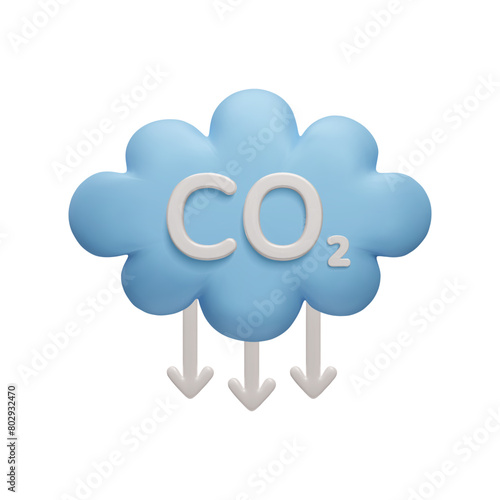 Carbon dioxide gas emission reduction 3D vector illustration. Cute cartoon style 3D CO2 cloud, greenhouse gas emission reduction, zero carbon footprint, carbon credit, net zero emission by 2050.