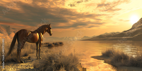  Sunrise with horse in the landscape