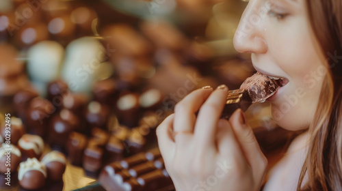 Woman Savoring Chocolate in a Boutique Shop Setting.