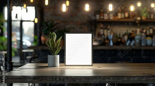 Mock-up menu frame displayed on a table in a bar, restaurant, or cafe setting.