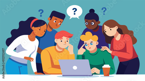 A group of players huddles around a laptop furiously researching in an attempt to find the answer to a particularly difficult question.. Vector illustration