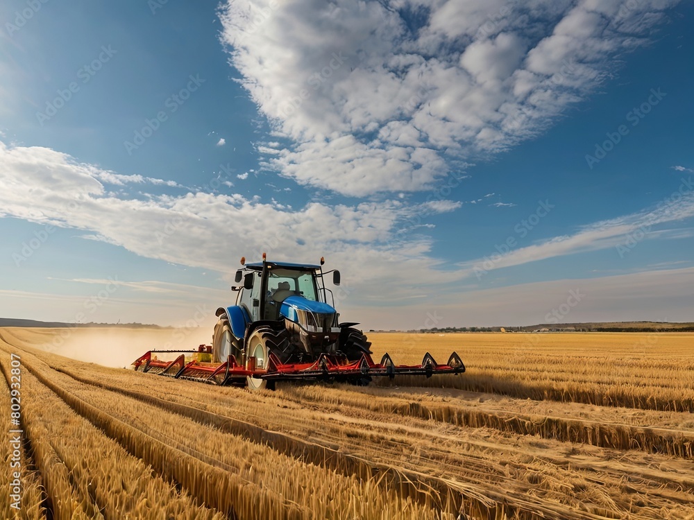 Fototapeta premium Tractor Plowing Vast Golden Wheat Field Under Blue Sky