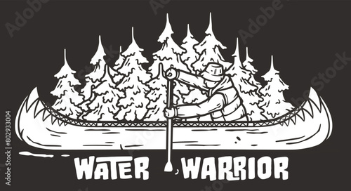 Kayaking journey amidst a serene forest, capturing the essence of outdoor adventure and the connection with wildlife in a stylized line art design
