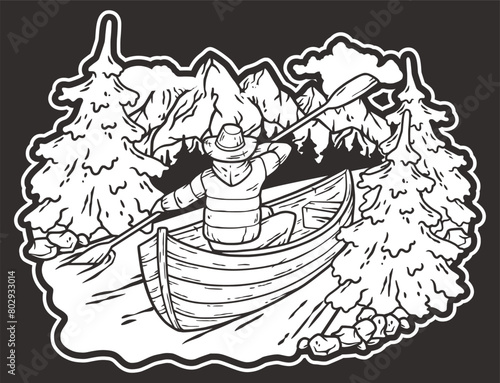 Line art person paddling a canoe through a scenic mountainous region, surrounded by lush pine trees, epitomizing the spirit of outdoor adventure and camping in the wild