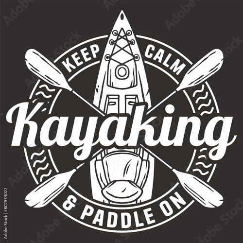 Black and white emblem design, featuring a kayak, paddles, and a mountain for nature and outdoor sports enthusiasts