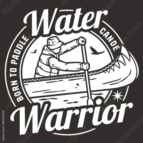 Stylized black and white line art solo adventurer kayaking in a scenic outdoor setting, evoking themes of nature, exploration, and the spirit of wilderness adventure