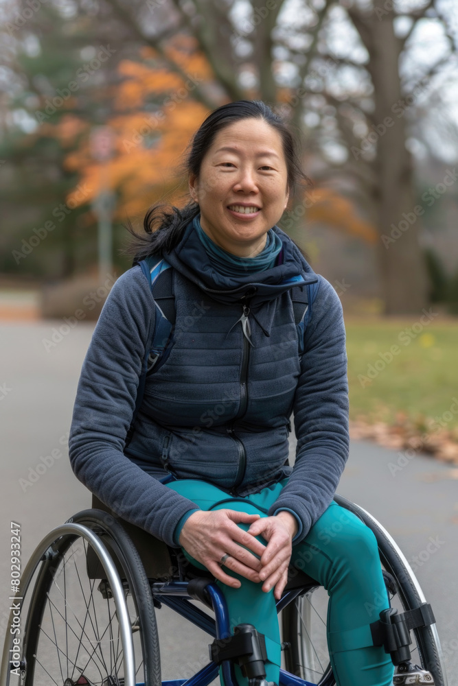 Asian woman in a wheelchair smiling for the camera Asian woman in a wheelchair smiling for the camera