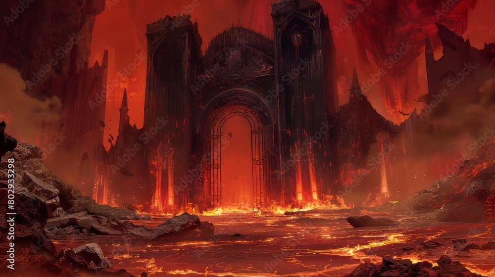 Intimidating gates of a dungeon set against a backdrop of hell, featuring a lava floor with volcanic textures, evoking a sense of impending doom
