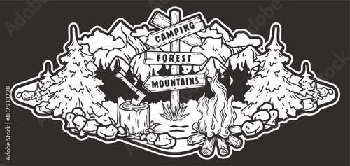 Nature-inspired wilderness adventure emblem with black and white hand-drawn line art illustration of camping, hiking, and outdoor activities in a vintage rustic style