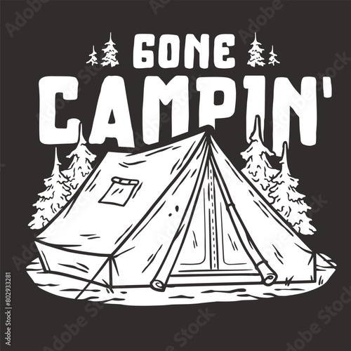 Black and white line art illustration depicts a camping scene with a prominent tent, framed by pine trees for outdoor enthusiasts