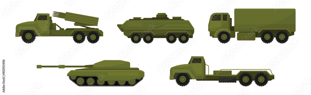 Fototapeta premium Military Machinery, Transport and Equipment Vector Set