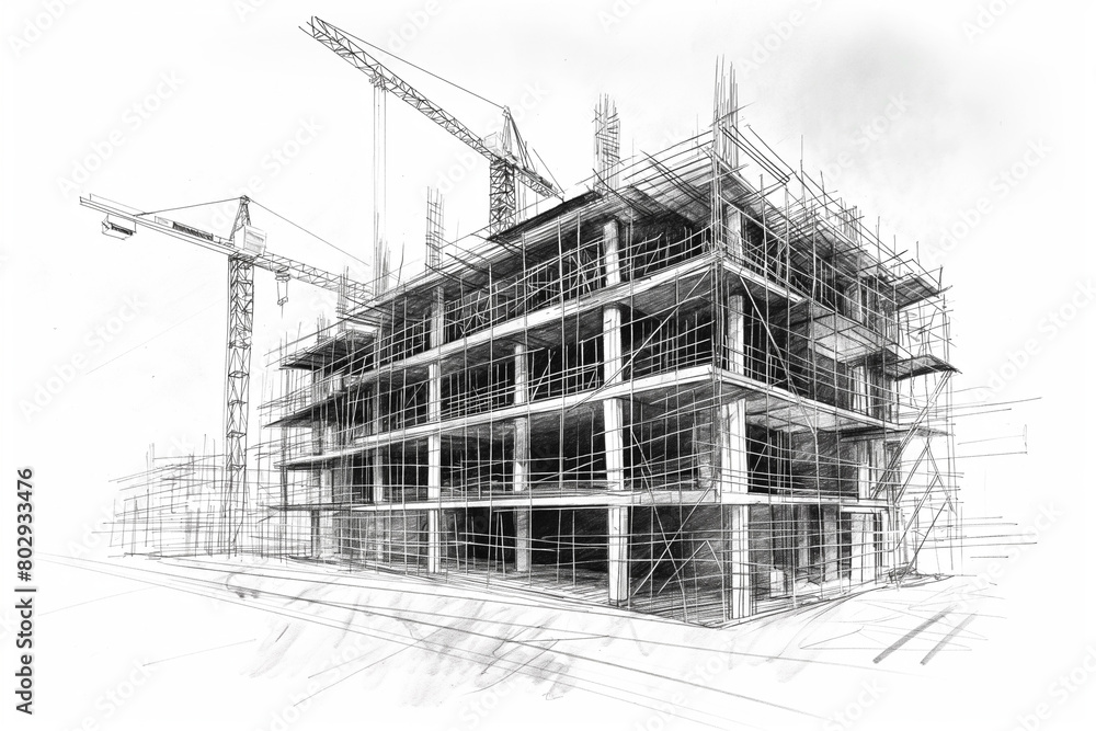 a building under construction in the city center , pencil drawing a building under construction in the city center , pencil drawing