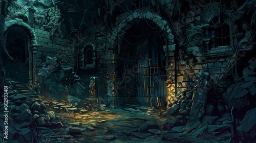 Imposing dungeon entrance, featuring fearsome monsters and deadly traps, a formidable barrier to those daring to seek treasure within