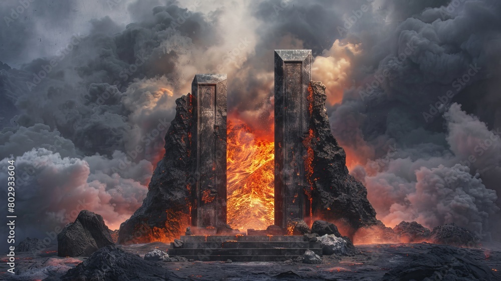Hot, isolated blast scene at the gates of hell with a fiery lava rock podium, volcano background, and smoke swirling around geometric stones