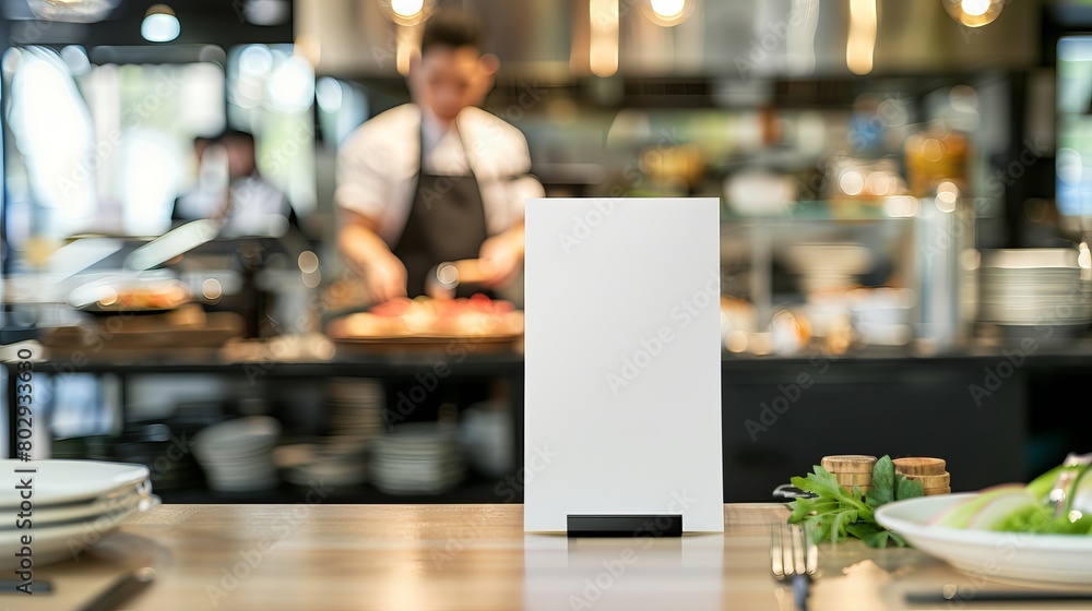 Mockup of a menu frame placed on a table in a bar restaurant, accompanied by a stand for booklets and an acrylic tent card on a cafeteria counter, with a chef cooking in the background. Mockup of a menu frame placed on a table in a bar restaurant, accompanied by a stand for booklets and an acrylic tent card on a cafeteria counter, with a chef cooking in the background.