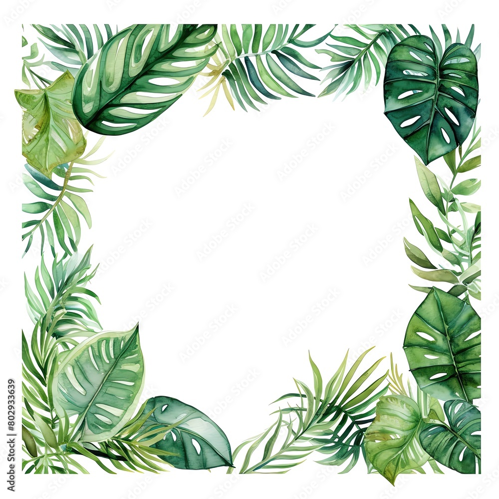 A cartoonstyle watercolor frame featuring tropical green leaves and branches, perfect for framing wedding invitations and greeting cards, vividly set on a white backdrop