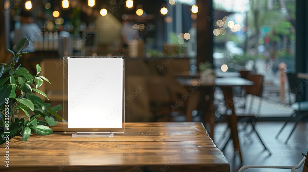 Mockup of a menu frame in a bar restaurant, positioned on a wooden table with white sheets of paper and an acrylic tent card, against a blurred cafeteria background. Mockup of a menu frame in a bar restaurant, positioned on a wooden table with white sheets of paper and an acrylic tent card, against a blurred cafeteria background.