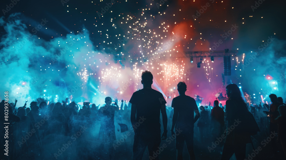 A crowd of individuals gathered outdoors, looking up at colorful bursts of fireworks lighting up the night sky