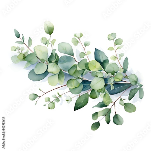 A cartoonstyle watercolor depiction of a green floral banner, highlighted with silver dollar eucalyptus branches and leaves, set against a clean white backdrop photo