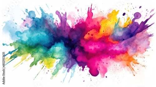 A cartoonstyle watercolor illustration of a colorful powder explosion, mimicking a Holi paint celebration, vivid and dynamic, isolated on white photo