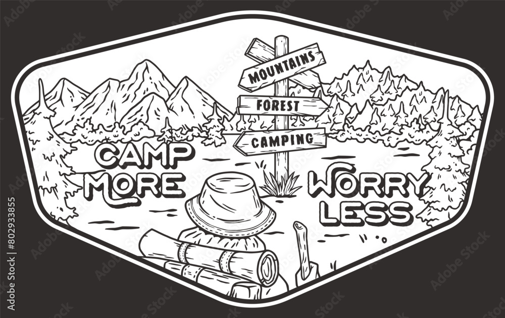 Monochrome line art badge with a motivational message, featuring mountain scenery and camping symbols, ideal for outdoor enthusiasts and nature-inspired designs