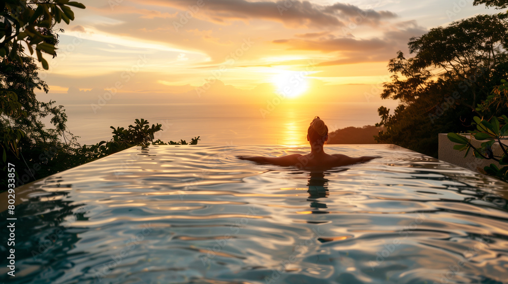 Woman Enjoys Swimming in Infinity Pool.