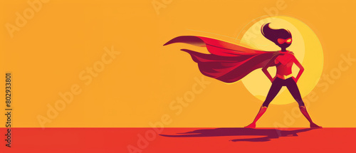 An athletic superhero in a red cape is joyfully performing dance moves in front of the sun, a stunning landscape with wings outstretched and a balanced beaklike mask photo