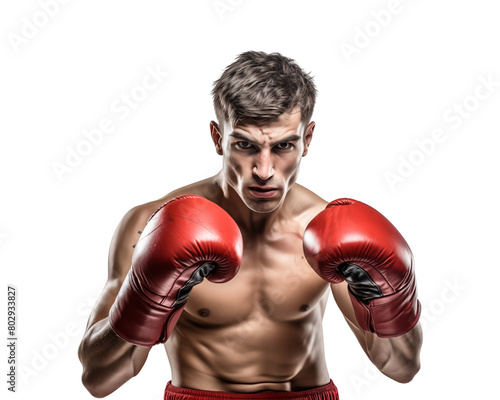 Focused boxer in red gloves and athletic stance ready to strike, isolated on transparent background. Generative AI © Breyenaiimages