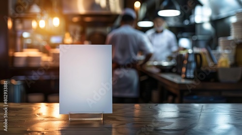 Mockup of a menu frame placed on a table in a bar restaurant, accompanied by a stand for booklets and an acrylic tent card on a cafeteria counter, with a chef cooking in the background.